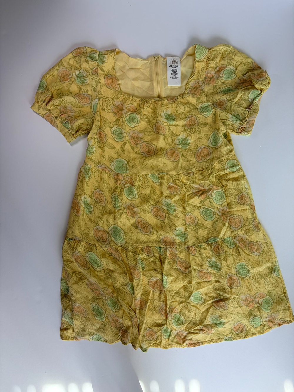 Disney Floral Puff Sleeve Dress Yellow Green Orange Size S